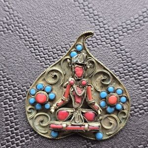 ​Rare Vintage Tibetan Deity Brooch with Natural Turquoise & Coral